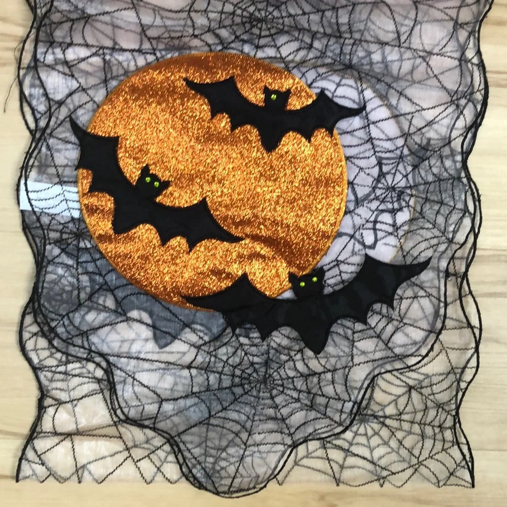 Halloween Black Spider Web Pumpkin Bat Sheer Table Runner NWT